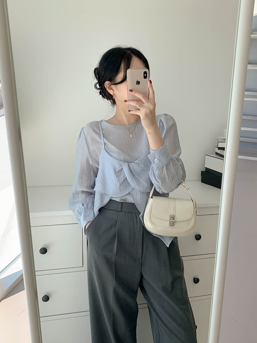 재고 있음 chic 가을 한 동대문 라운드 넥 긴팔 쉬폰 코디 꽃잎 측면 캐미솔 두 조각 여성 세트 상세 이미지 17