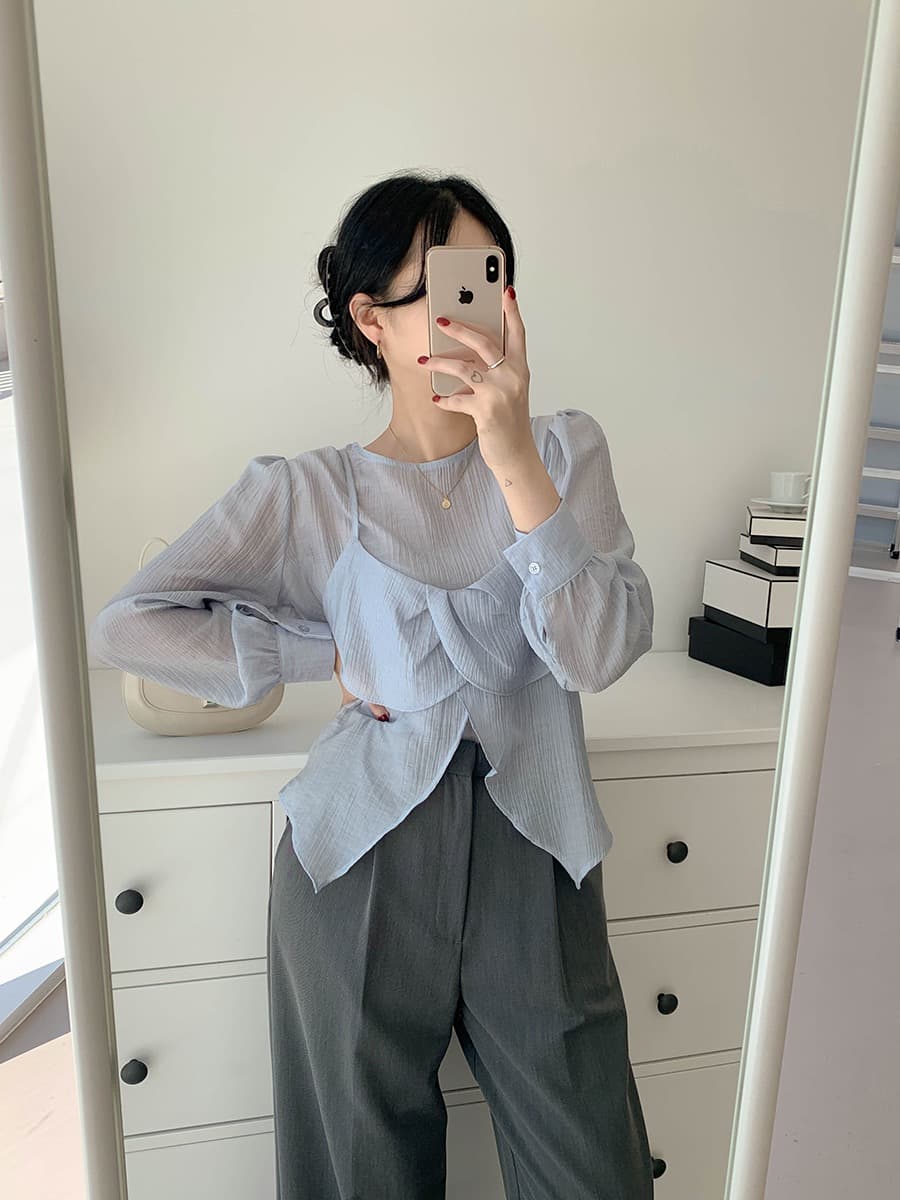 재고 있음 chic 가을 한 동대문 라운드 넥 긴팔 쉬폰 코디 꽃잎 측면 캐미솔 두 조각 여성 세트 상세 이미지 18