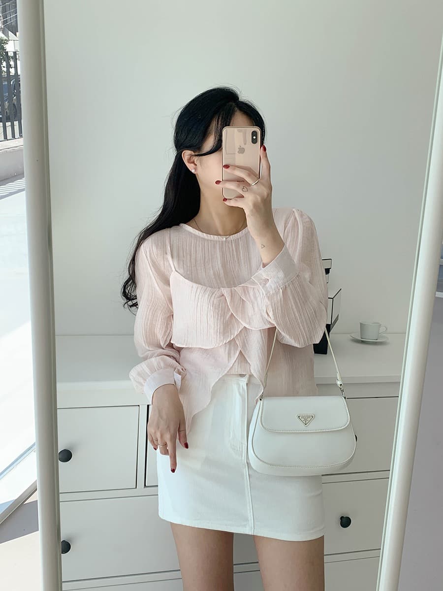재고 있음 chic 가을 한 동대문 라운드 넥 긴팔 쉬폰 코디 꽃잎 측면 캐미솔 두 조각 여성 세트 상세 이미지 20