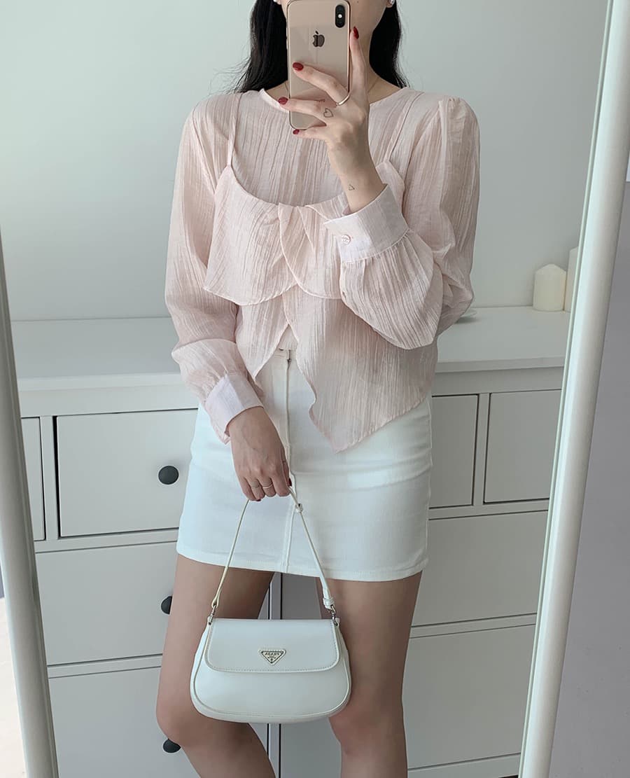 재고 있음 chic 가을 한 동대문 라운드 넥 긴팔 쉬폰 코디 꽃잎 측면 캐미솔 두 조각 여성 세트 상세 이미지 22