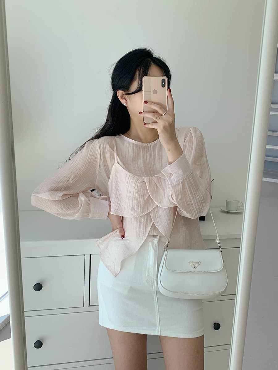 재고 있음 chic 가을 한 동대문 라운드 넥 긴팔 쉬폰 코디 꽃잎 측면 캐미솔 두 조각 여성 세트 상세 이미지 23