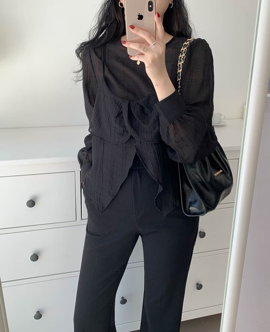 재고 있음 chic 가을 한 동대문 라운드 넥 긴팔 쉬폰 코디 꽃잎 측면 캐미솔 두 조각 여성 세트 상세 이미지 24