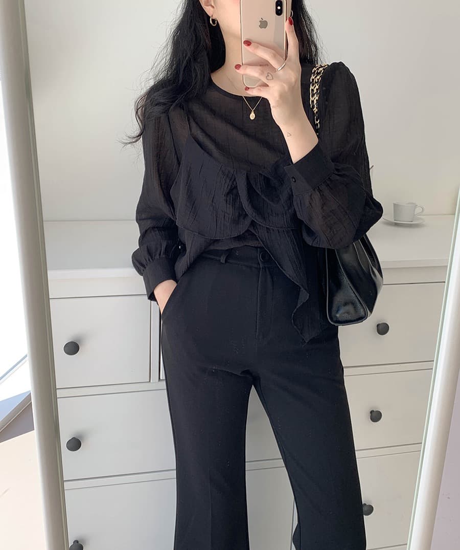 재고 있음 chic 가을 한 동대문 라운드 넥 긴팔 쉬폰 코디 꽃잎 측면 캐미솔 두 조각 여성 세트 상세 이미지 25