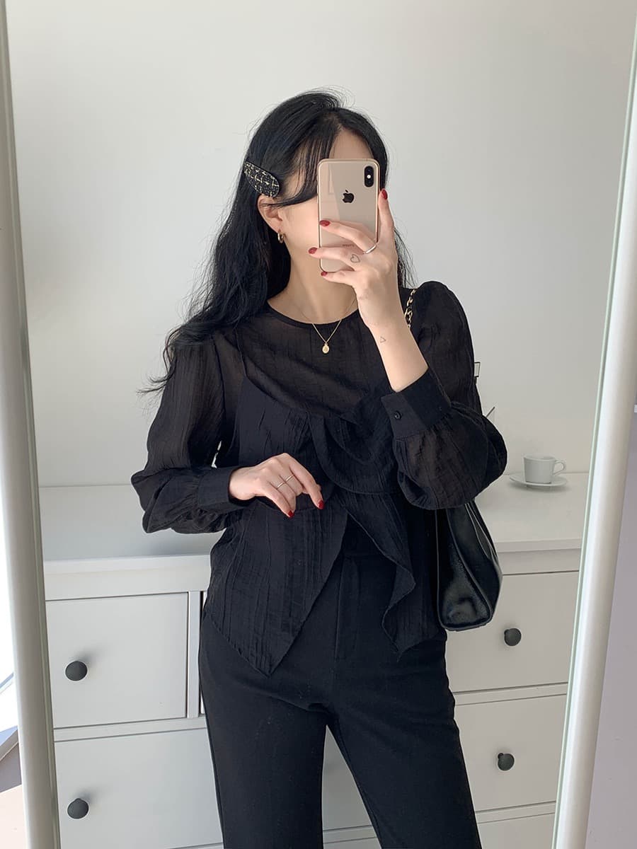 재고 있음 chic 가을 한 동대문 라운드 넥 긴팔 쉬폰 코디 꽃잎 측면 캐미솔 두 조각 여성 세트 상세 이미지 26