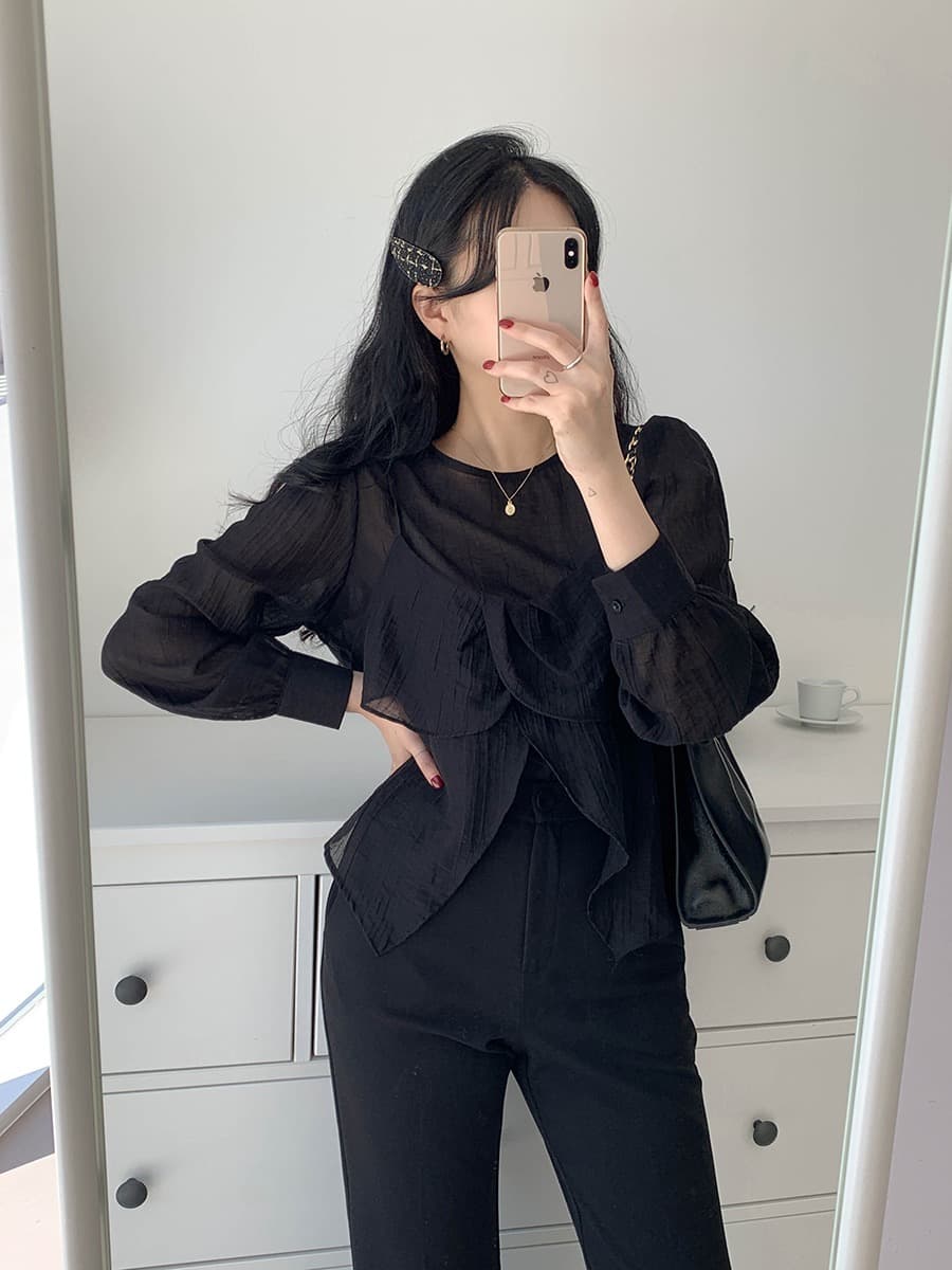 재고 있음 chic 가을 한 동대문 라운드 넥 긴팔 쉬폰 코디 꽃잎 측면 캐미솔 두 조각 여성 세트 상세 이미지 27