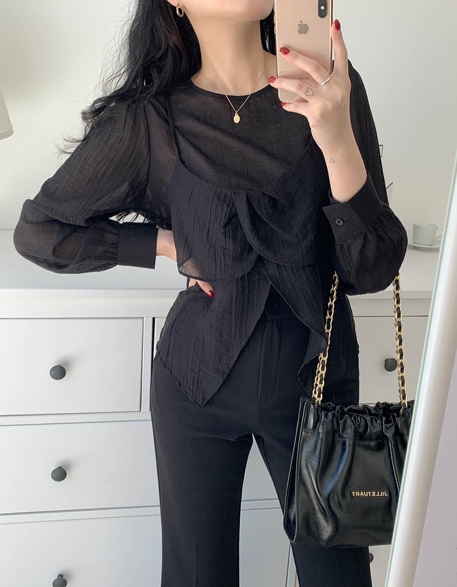 재고 있음 chic 가을 한 동대문 라운드 넥 긴팔 쉬폰 코디 꽃잎 측면 캐미솔 두 조각 여성 세트 상세 이미지 28