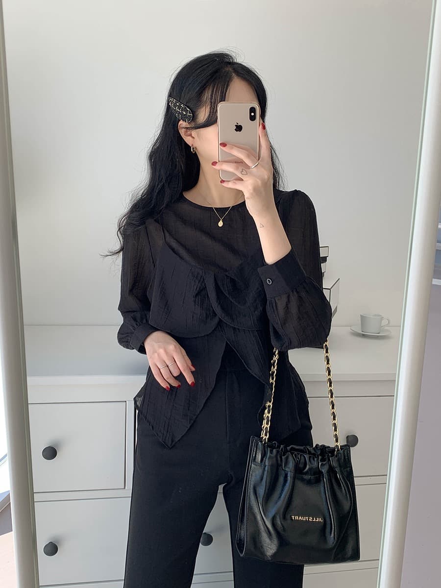 재고 있음 chic 가을 한 동대문 라운드 넥 긴팔 쉬폰 코디 꽃잎 측면 캐미솔 두 조각 여성 세트 상세 이미지 29
