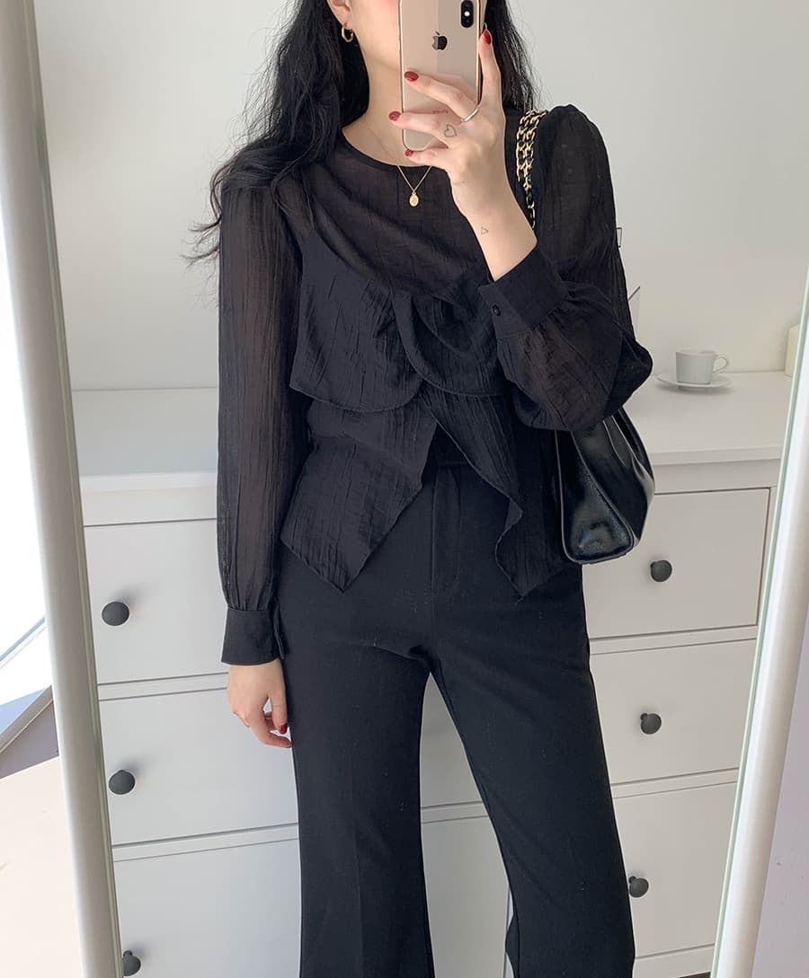 재고 있음 chic 가을 한 동대문 라운드 넥 긴팔 쉬폰 코디 꽃잎 측면 캐미솔 두 조각 여성 세트 상세 이미지 30