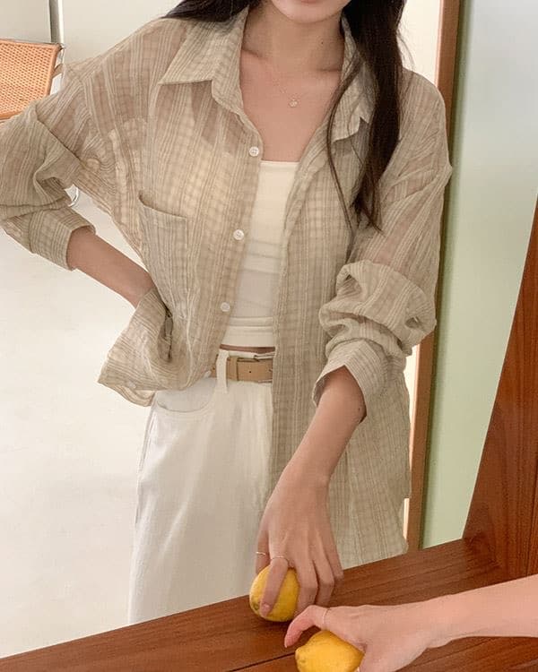 재고 있음 한국 스타일 남자 친구 바람 자외선 차단 블라우스 레트로 플리츠 마이크로 주름 마이크로 ~을 통해 스트라이프 그리드 루즈핏 여성 셔츠 상세 이미지 6
