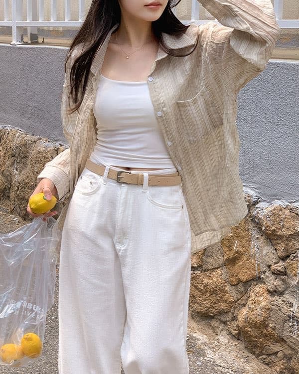 재고 있음 한국 스타일 남자 친구 바람 자외선 차단 블라우스 레트로 플리츠 마이크로 주름 마이크로 ~을 통해 스트라이프 그리드 루즈핏 여성 셔츠 상세 이미지 7