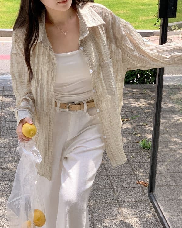 재고 있음 한국 스타일 남자 친구 바람 자외선 차단 블라우스 레트로 플리츠 마이크로 주름 마이크로 ~을 통해 스트라이프 그리드 루즈핏 여성 셔츠 상세 이미지 8