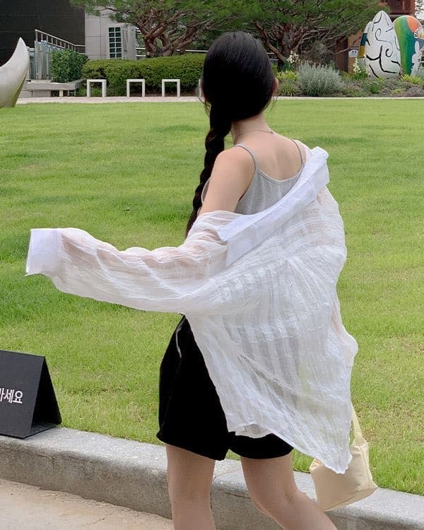 재고 있음 한국 스타일 남자 친구 바람 자외선 차단 블라우스 레트로 플리츠 마이크로 주름 마이크로 ~을 통해 스트라이프 그리드 루즈핏 여성 셔츠 상세 이미지 10