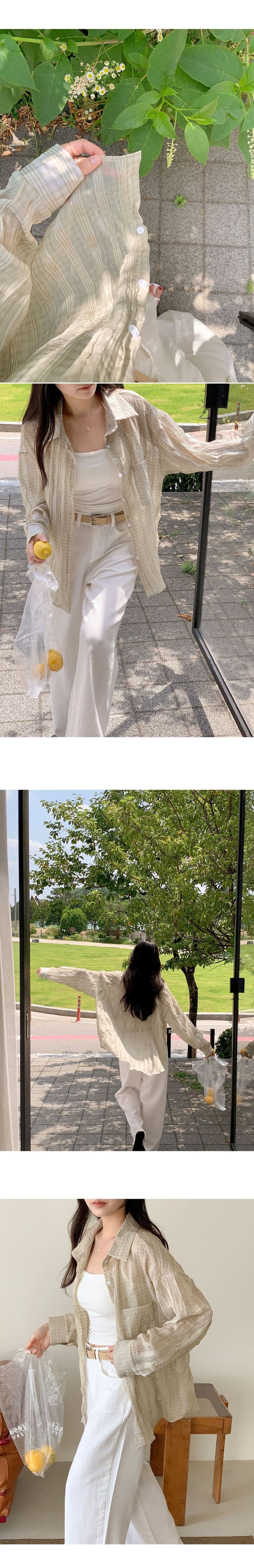 재고 있음 한국 스타일 남자 친구 바람 자외선 차단 블라우스 레트로 플리츠 마이크로 주름 마이크로 ~을 통해 스트라이프 그리드 루즈핏 여성 셔츠 상세 이미지 11