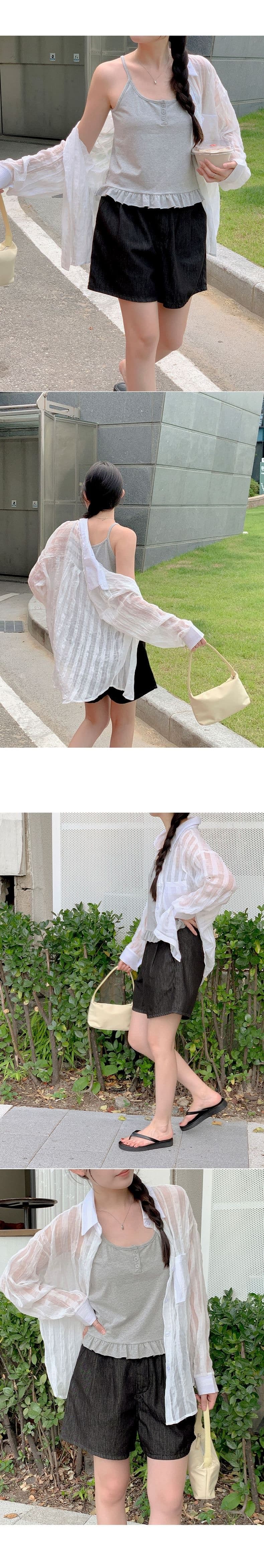 재고 있음 한국 스타일 남자 친구 바람 자외선 차단 블라우스 레트로 플리츠 마이크로 주름 마이크로 ~을 통해 스트라이프 그리드 루즈핏 여성 셔츠 상세 이미지 12
