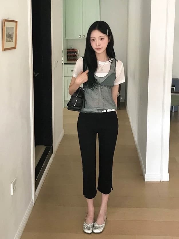 있음 밖으로 동대문 패션 패치워크 디자인 섹션 도트 무늬 망사 스트랩 조끼 이미지 3