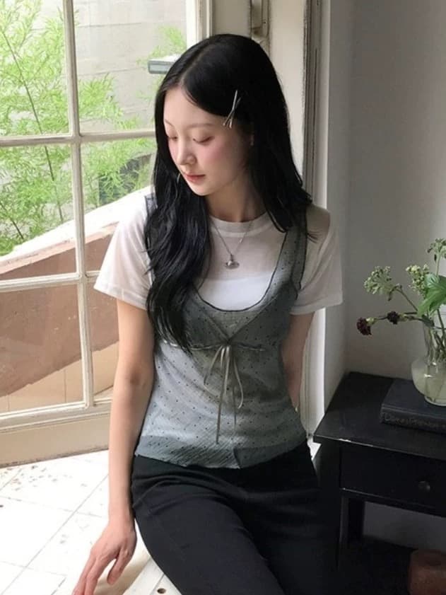 있음 밖으로 동대문 패션 패치워크 디자인 섹션 도트 무늬 망사 스트랩 조끼 상세 이미지 3