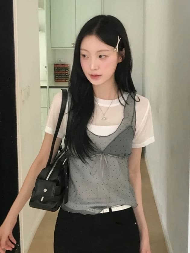 있음 밖으로 동대문 패션 패치워크 디자인 섹션 도트 무늬 망사 스트랩 조끼 상세 이미지 4