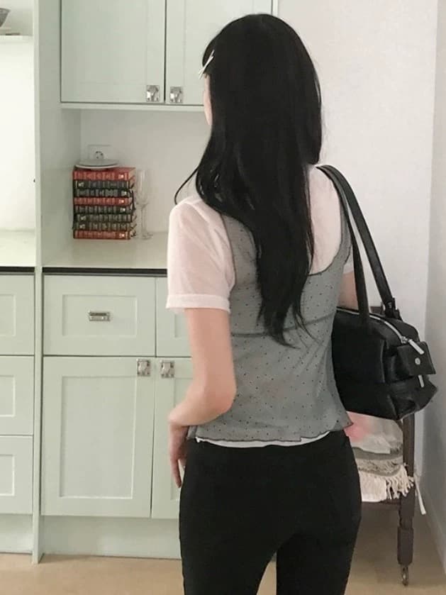 있음 밖으로 동대문 패션 패치워크 디자인 섹션 도트 무늬 망사 스트랩 조끼 상세 이미지 5