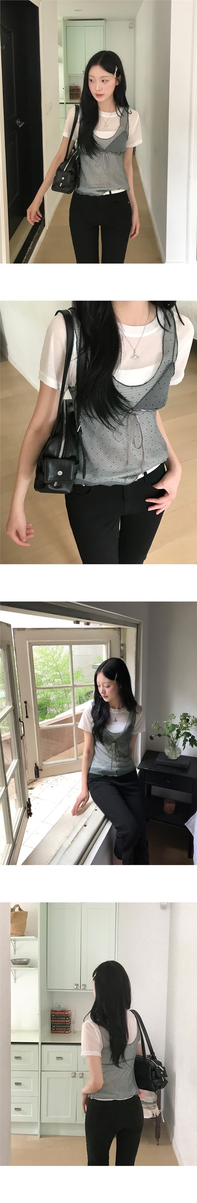 있음 밖으로 동대문 패션 패치워크 디자인 섹션 도트 무늬 망사 스트랩 조끼 상세 이미지 6