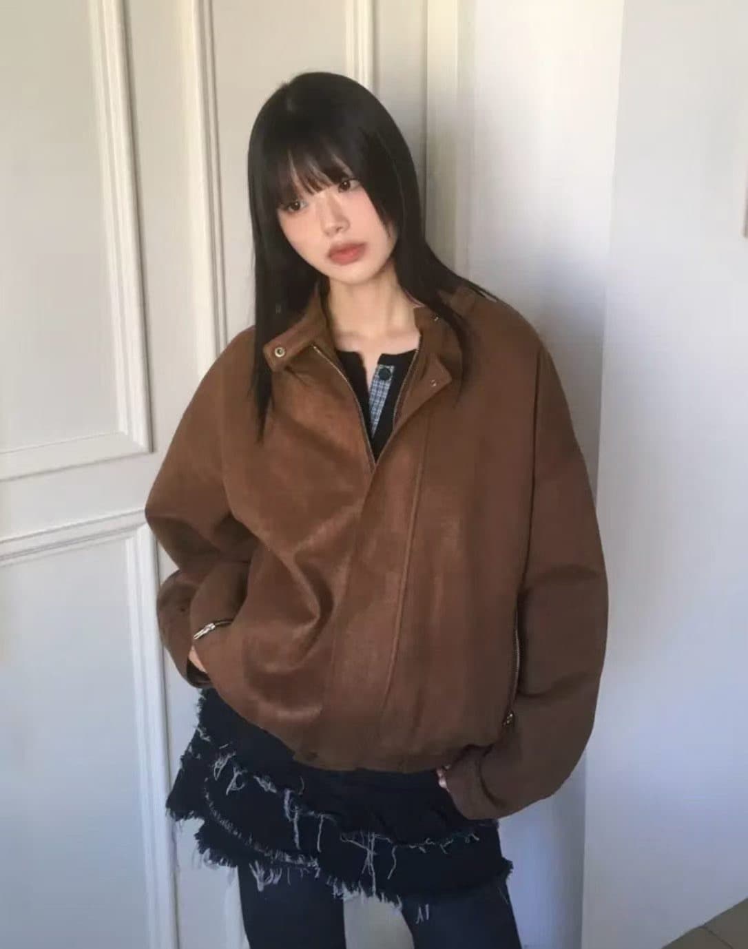 있음 선적 chic 가을 겨울 레트로 스탠드 칼라 지퍼 오토바이 재킷 여성 코트 상세 이미지 3