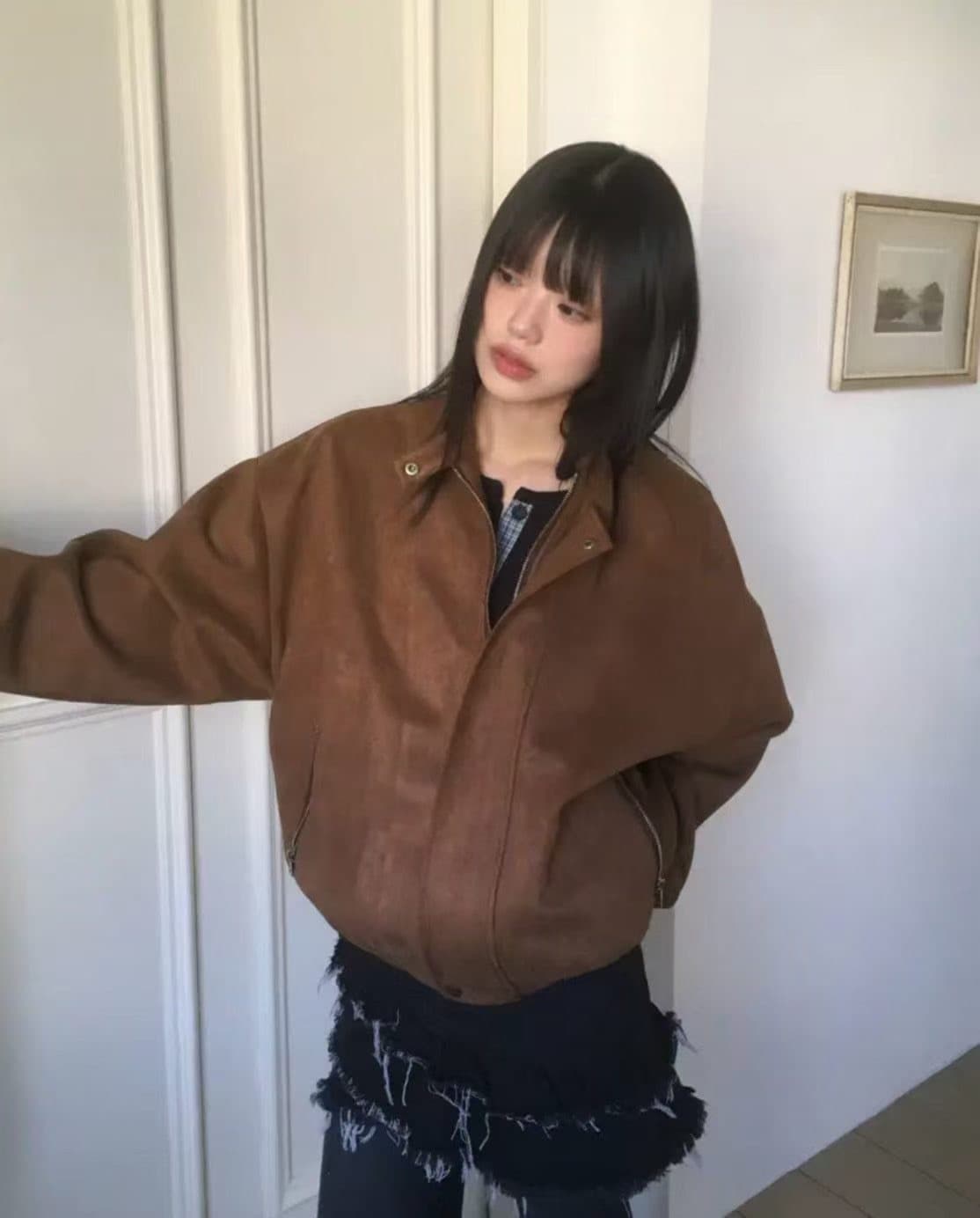 있음 선적 chic 가을 겨울 레트로 스탠드 칼라 지퍼 오토바이 재킷 여성 코트 상세 이미지 7