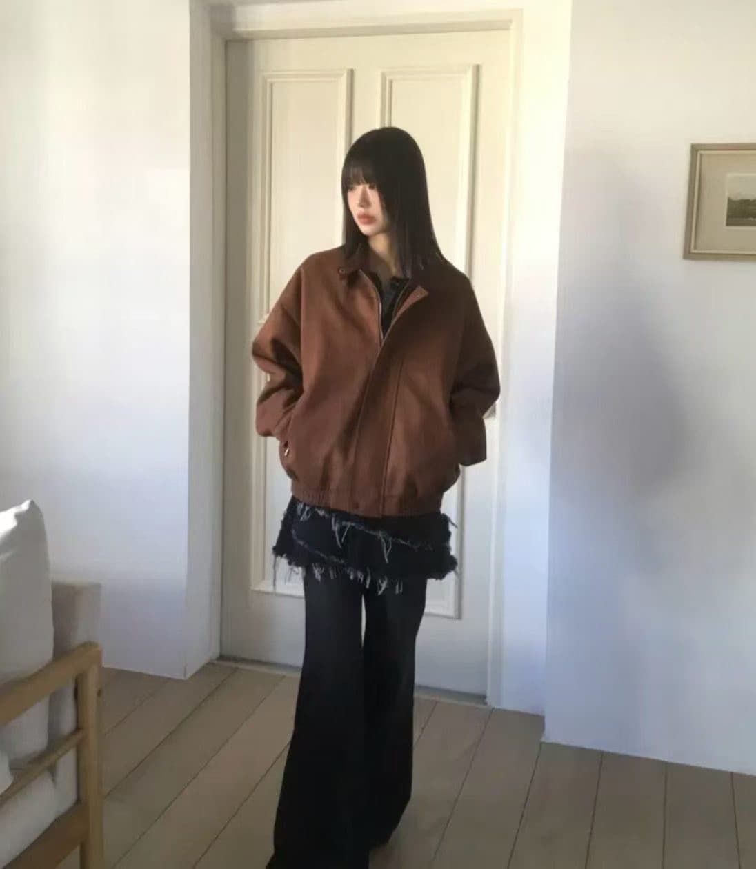 있음 선적 chic 가을 겨울 레트로 스탠드 칼라 지퍼 오토바이 재킷 여성 코트 상세 이미지 10