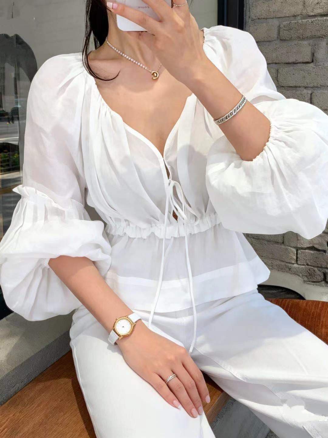 있음 선적 chic 이른 봄 새로운 프랑스식 V넥 펌프 로프 허리 수축 거품 소매 쉬폰 블라우스 상세 이미지 4