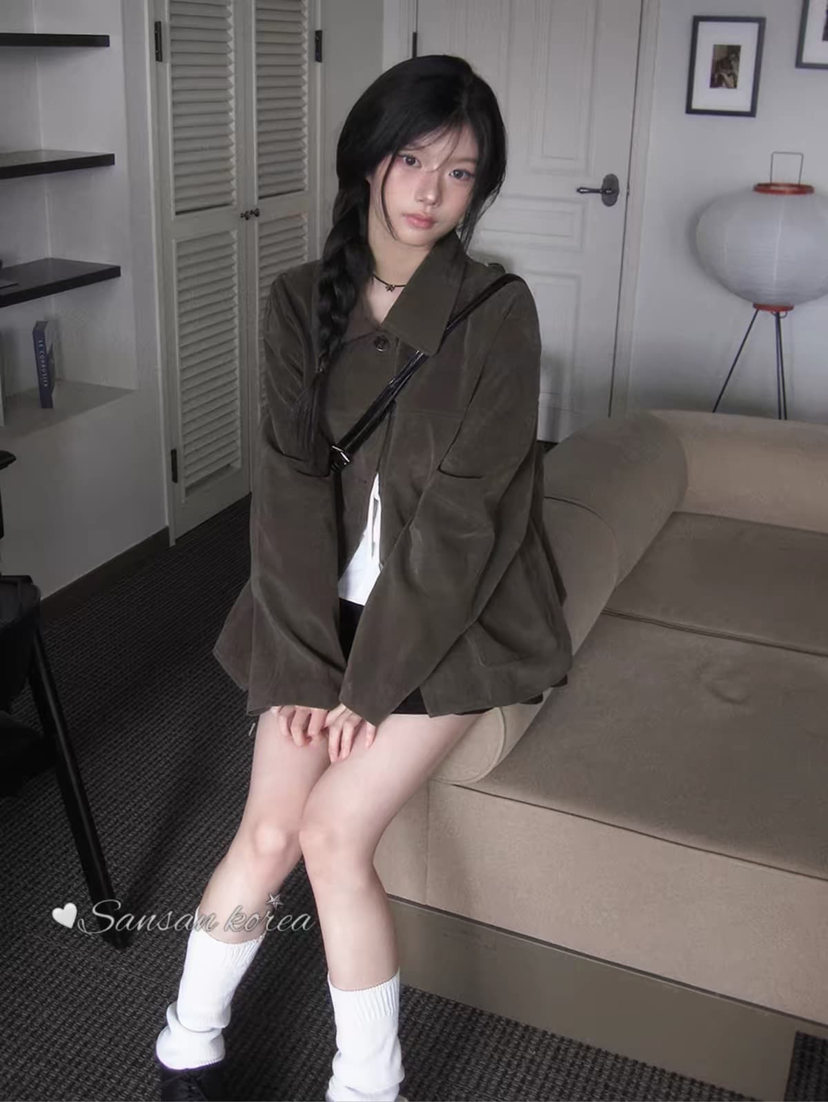 재고 있음 2026 새로운 한국 스타일 레트로 폴로 칼라 다용도 스웨이드 여성 코트 상세 이미지 8