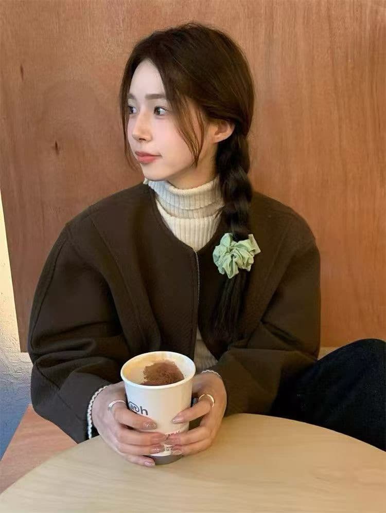 재고 있음 2026 새로운 다용도 라운드 넥 모직 플러스 면 짧은 여성 코트 지퍼 재킷 맨위 트렌디 상세 이미지 6
