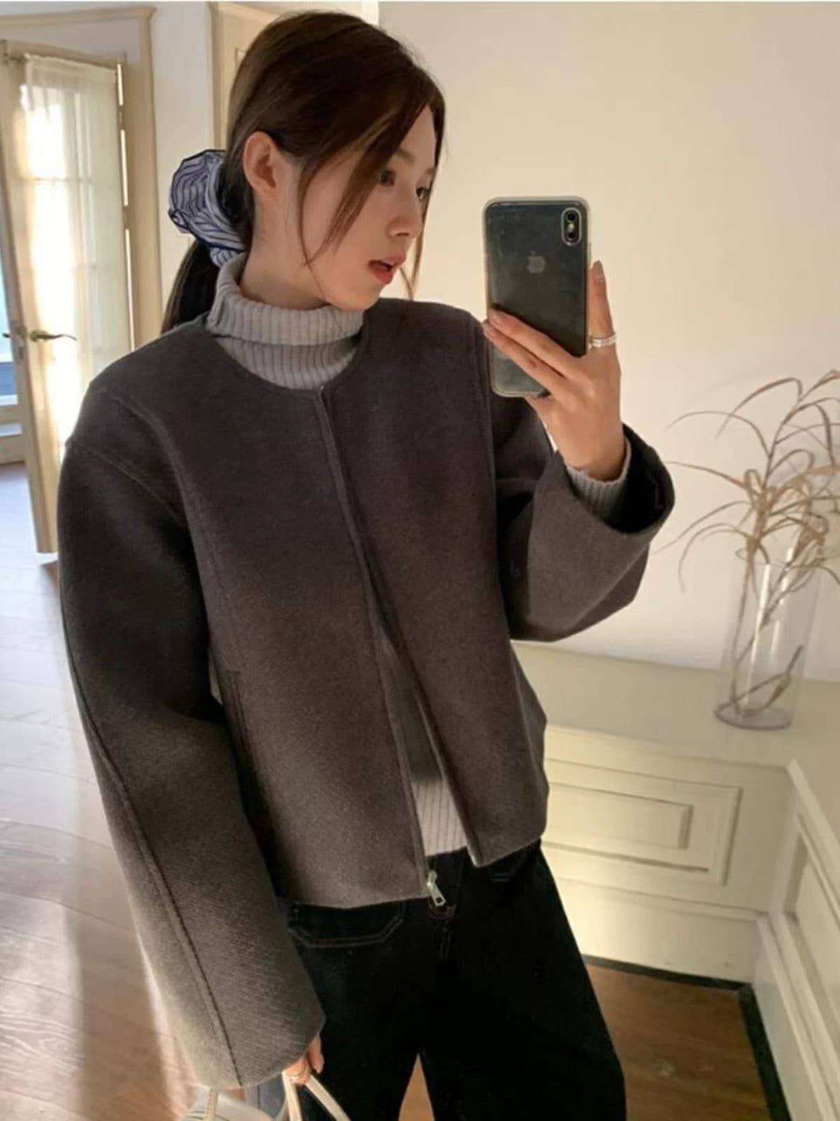 재고 있음 2026 새로운 다용도 라운드 넥 모직 플러스 면 짧은 여성 코트 지퍼 재킷 맨위 트렌디 상세 이미지 11
