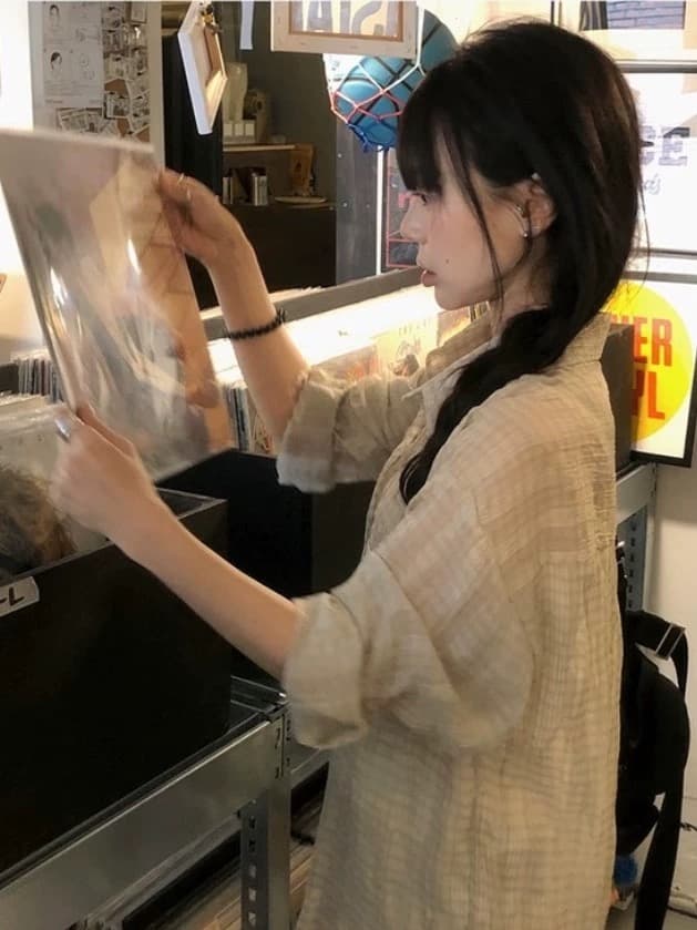 재고 있음 chic 루즈핏 자외선 차단 Pleat 곡물 격자 무늬 셔츠 26 가을 동대문 새로운 여성 이미지 4