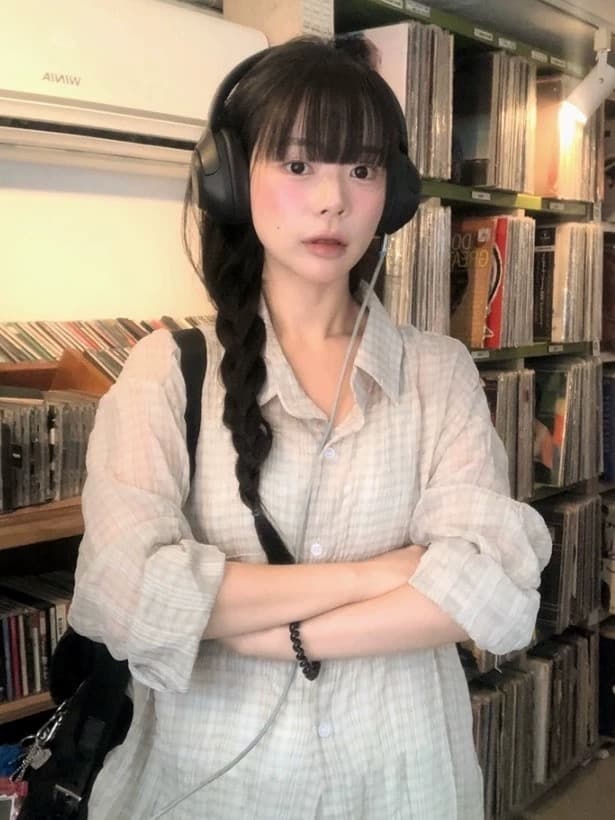 재고 있음 chic 루즈핏 자외선 차단 Pleat 곡물 격자 무늬 셔츠 26 가을 동대문 새로운 여성