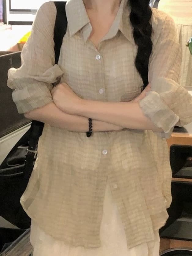 재고 있음 chic 루즈핏 자외선 차단 Pleat 곡물 격자 무늬 셔츠 26 가을 동대문 새로운 여성 상세 이미지 1