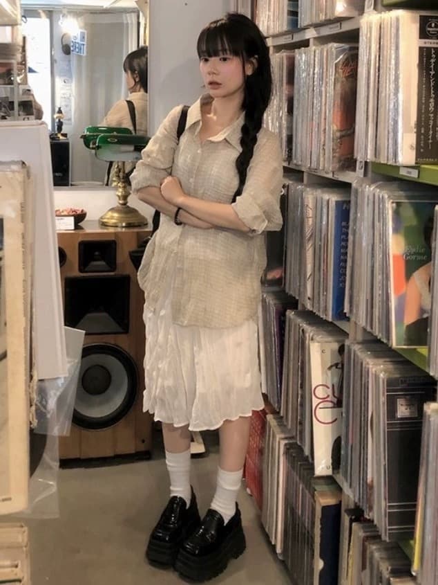 재고 있음 chic 루즈핏 자외선 차단 Pleat 곡물 격자 무늬 셔츠 26 가을 동대문 새로운 여성 상세 이미지 3