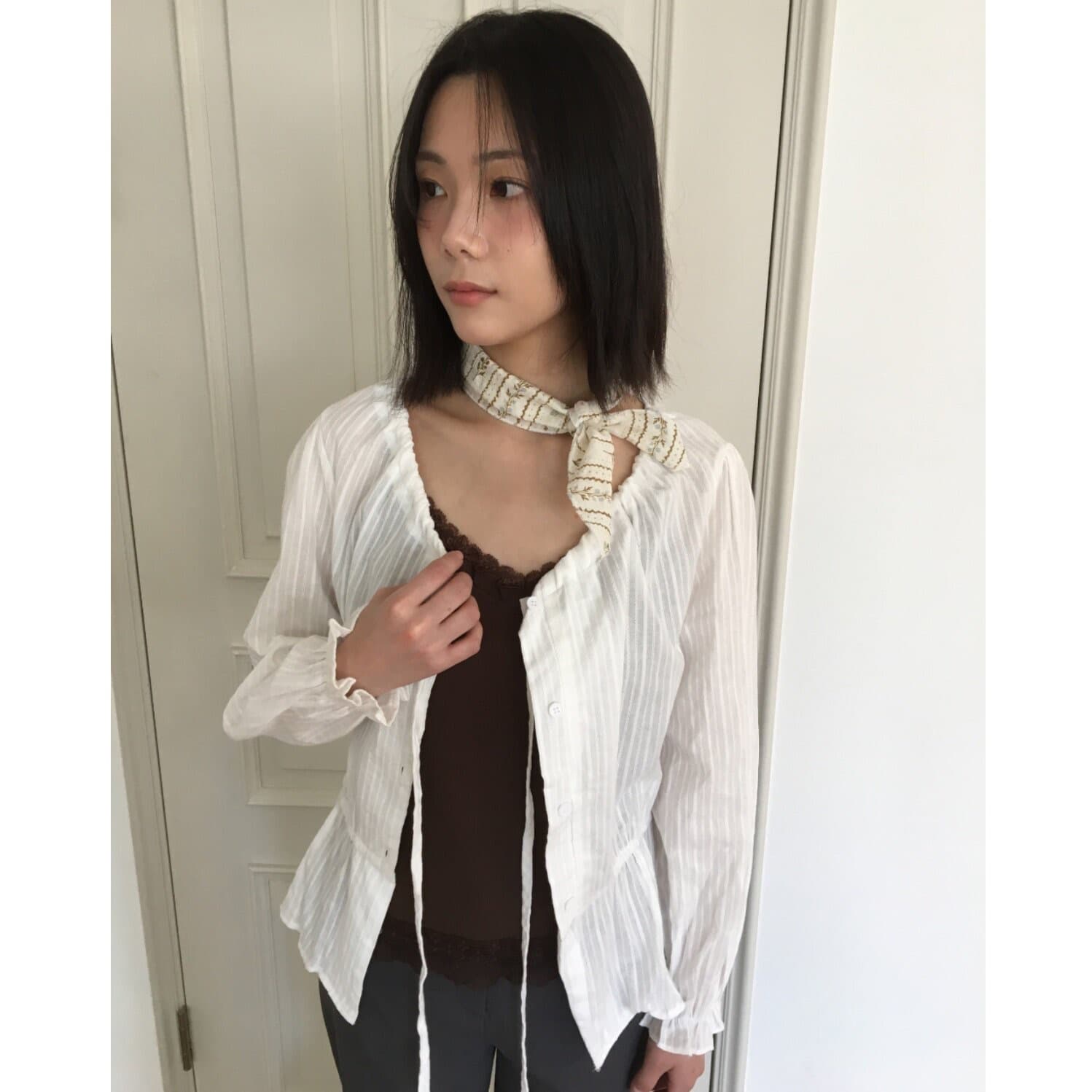재고 있음 2026 한국 아메리칸 소녀 스트라이프 레이스업 루즈핏 느긋한 바람 셔츠 맨위 상세 이미지 7
