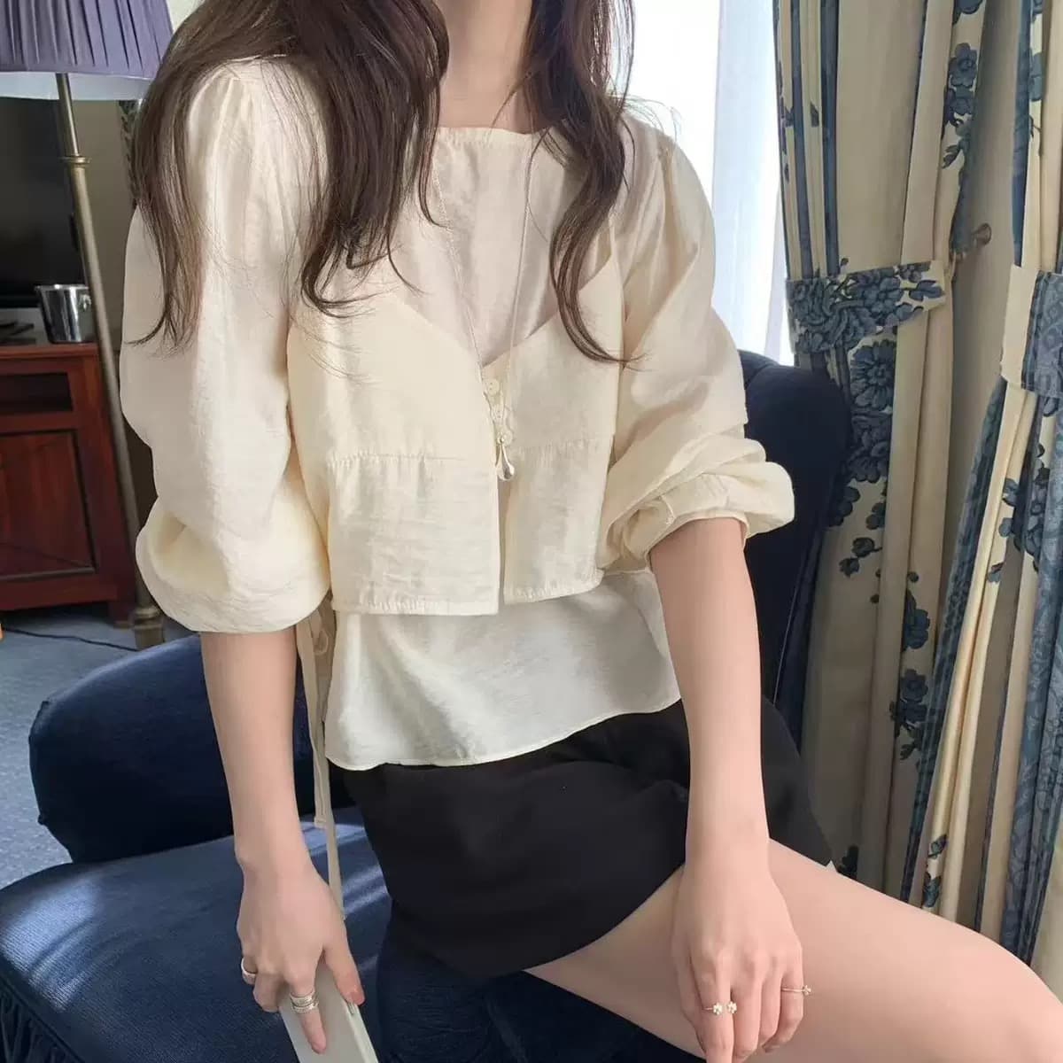 2026 한국 동대문 프랑스식 부드러운 바람 레이스업 허리 수축 여성 셔츠 품격 디자인 센스 맨위 상세 이미지 24