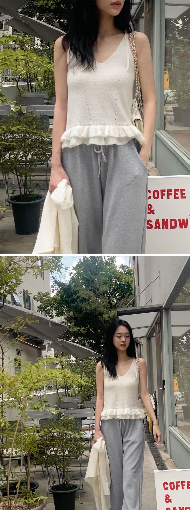 재고 있음 슬림해 보이는 프릴 캐미솔 니트 오픈 가디건 스웨터 세트 상세 이미지 36