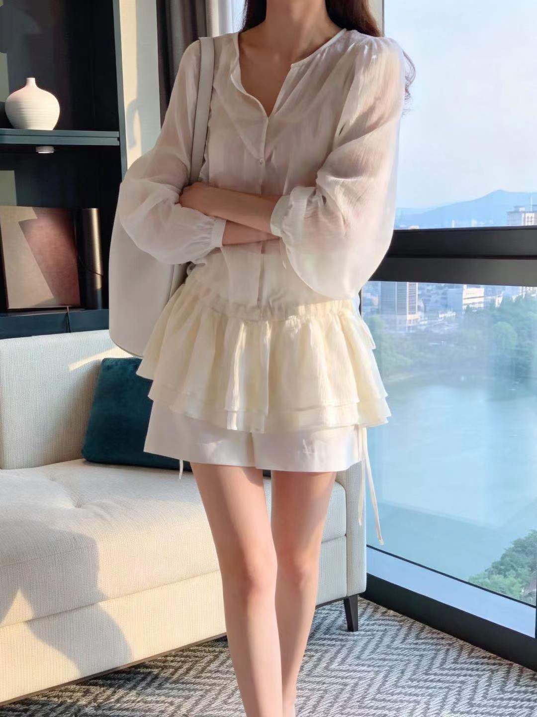 있음 밖으로 2026 한국 chic 펌프 로프 허리 수축 이중층 프릴 여성 셔츠 상세 이미지 7