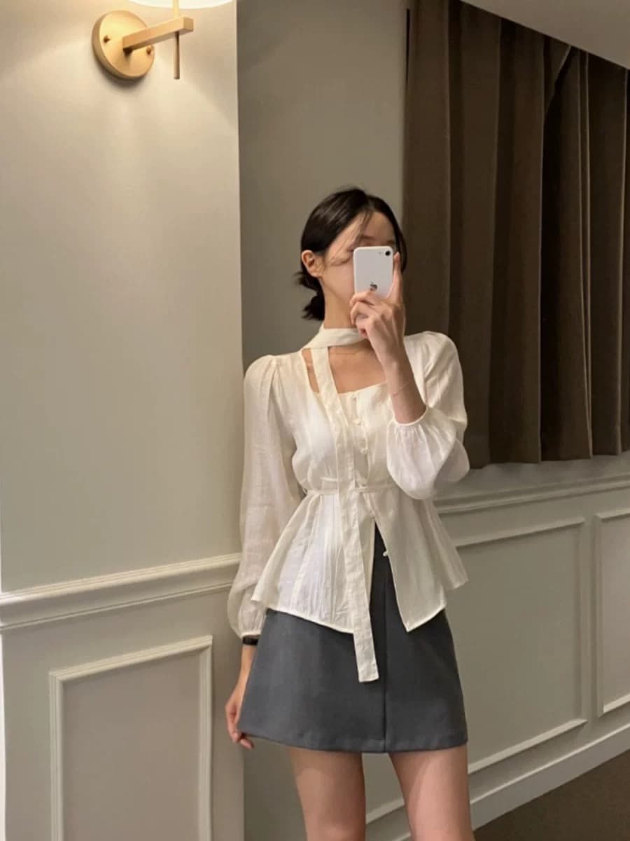 chic 가을 새로운 광장 리더쉽 단추 리본 레이스업 여성 셔츠 고급 센스 다용도 빛 요리 한 맨위 이미지 4