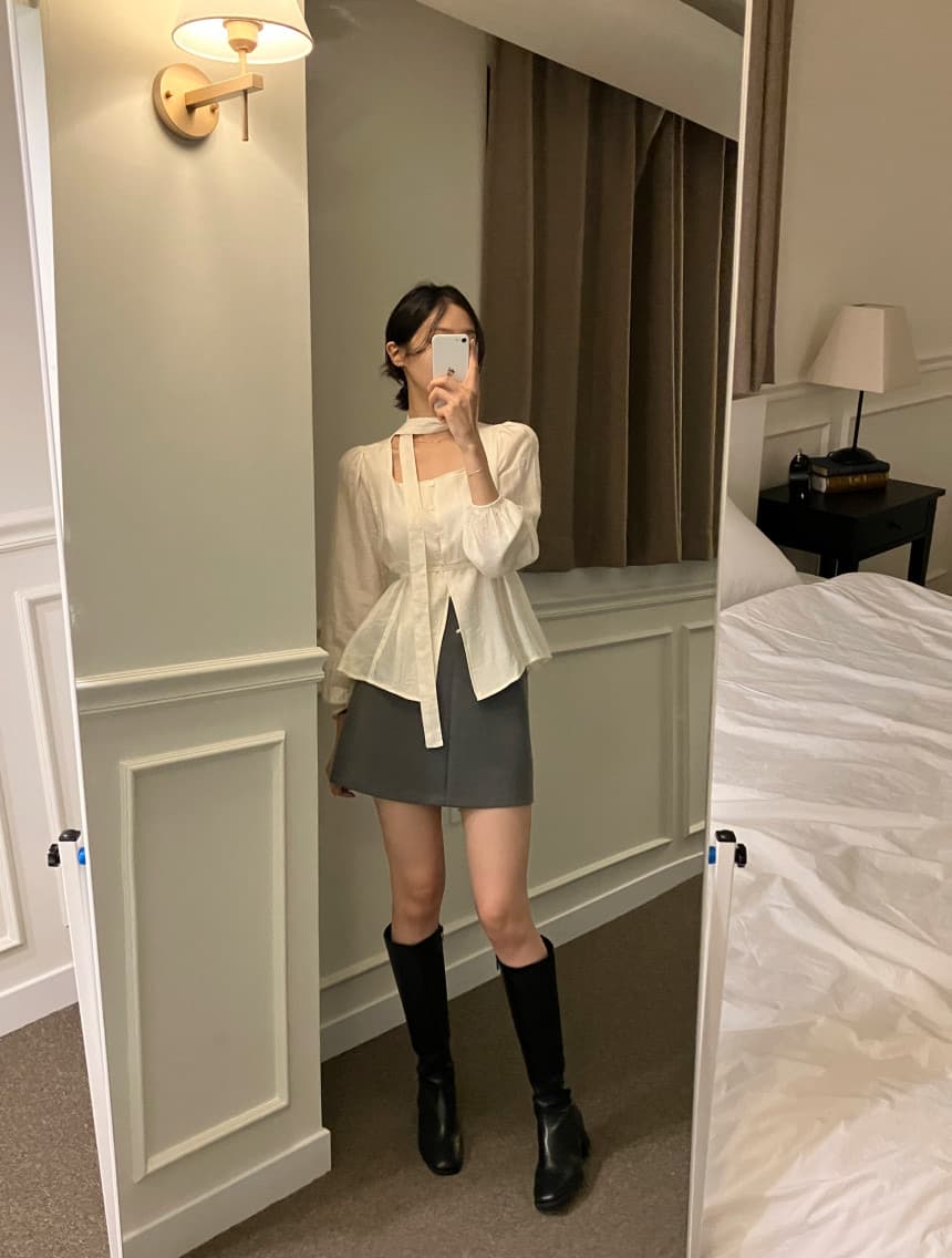 chic 가을 새로운 광장 리더쉽 단추 리본 레이스업 여성 셔츠 고급 센스 다용도 빛 요리 한 맨위 상세 이미지 7