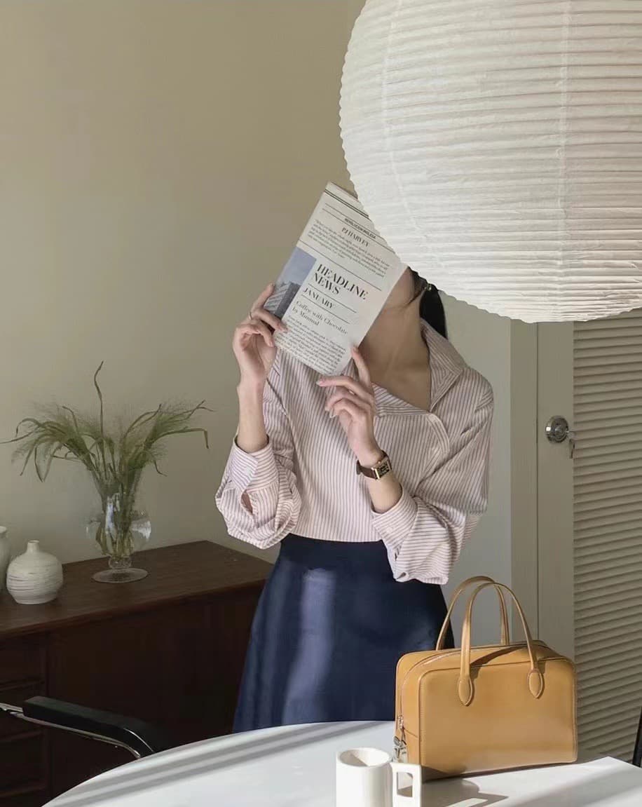 재고 있음 chic 한국 스타일 디자인 센스 Chic 폴로 칼라 불규칙 비스듬한 버클 스트라이프 긴팔 셔츠 상세 이미지 7