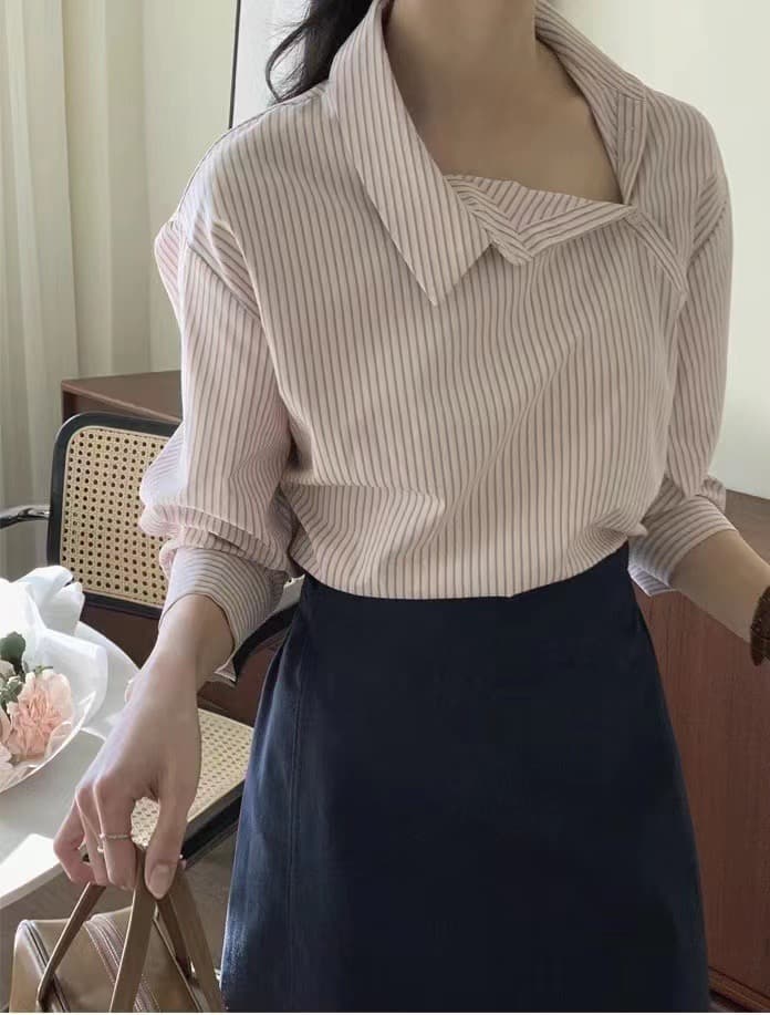 재고 있음 chic 한국 스타일 디자인 센스 Chic 폴로 칼라 불규칙 비스듬한 버클 스트라이프 긴팔 셔츠 상세 이미지 8
