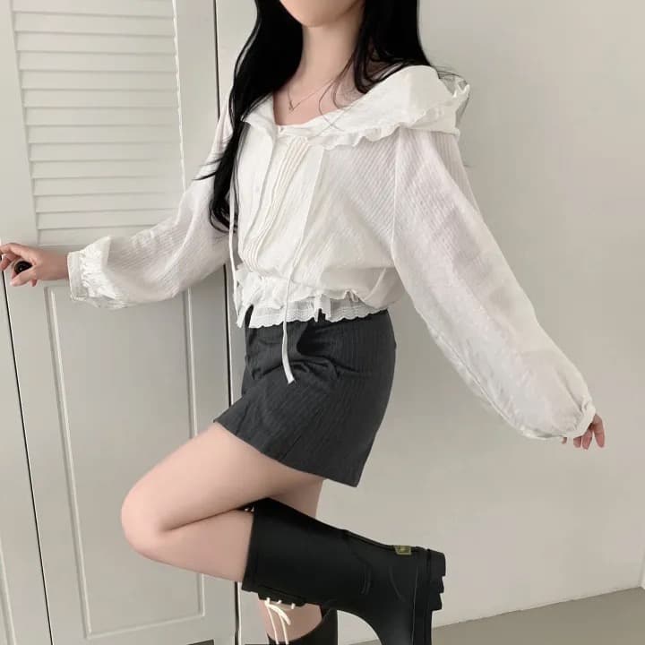 있음 선적 프랑스식 디자인 허리밴드 허리 수축 후드 레이스 긴팔 여성 셔츠 이미지 4