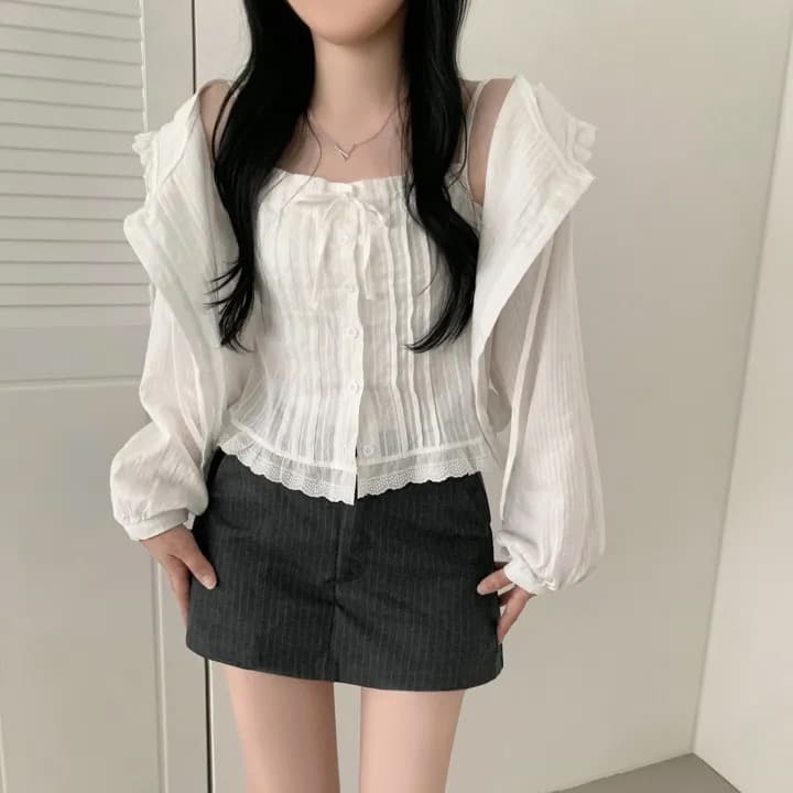 있음 선적 프랑스식 디자인 허리밴드 허리 수축 후드 레이스 긴팔 여성 셔츠 상세 이미지 6