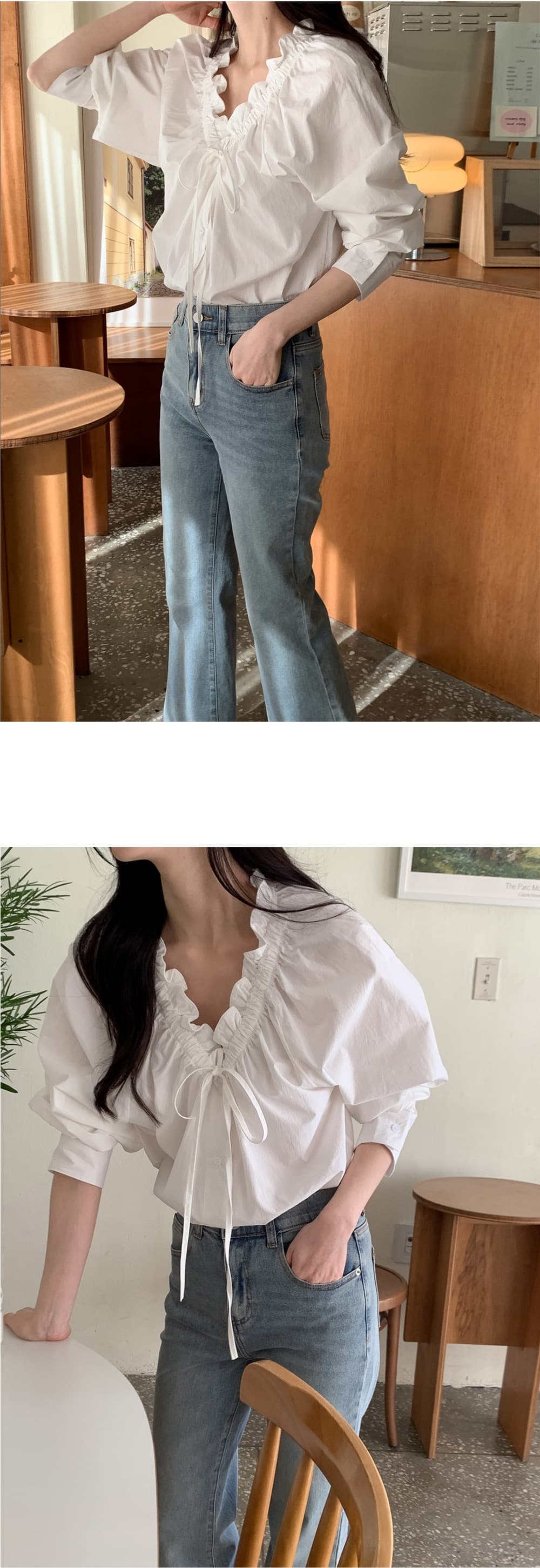 재고 있음 chic 이른 가을 한 부서 부드러운 프랑스식 품격 프릴 V넥 주름 장식 레이스업 긴팔 Chic 셔츠 상세 이미지 8