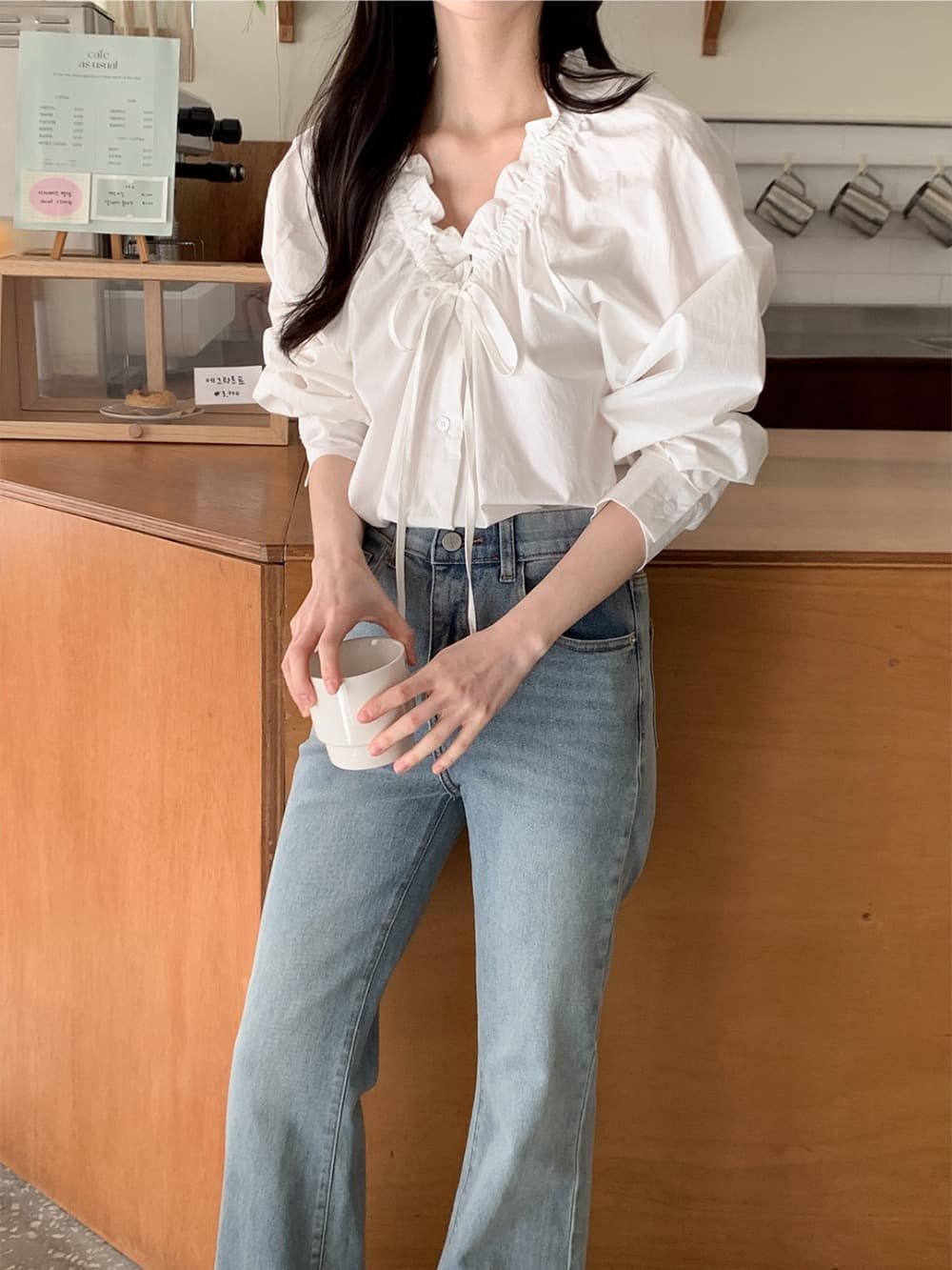재고 있음 chic 이른 가을 한 부서 부드러운 프랑스식 품격 프릴 V넥 주름 장식 레이스업 긴팔 Chic 셔츠 상세 이미지 11