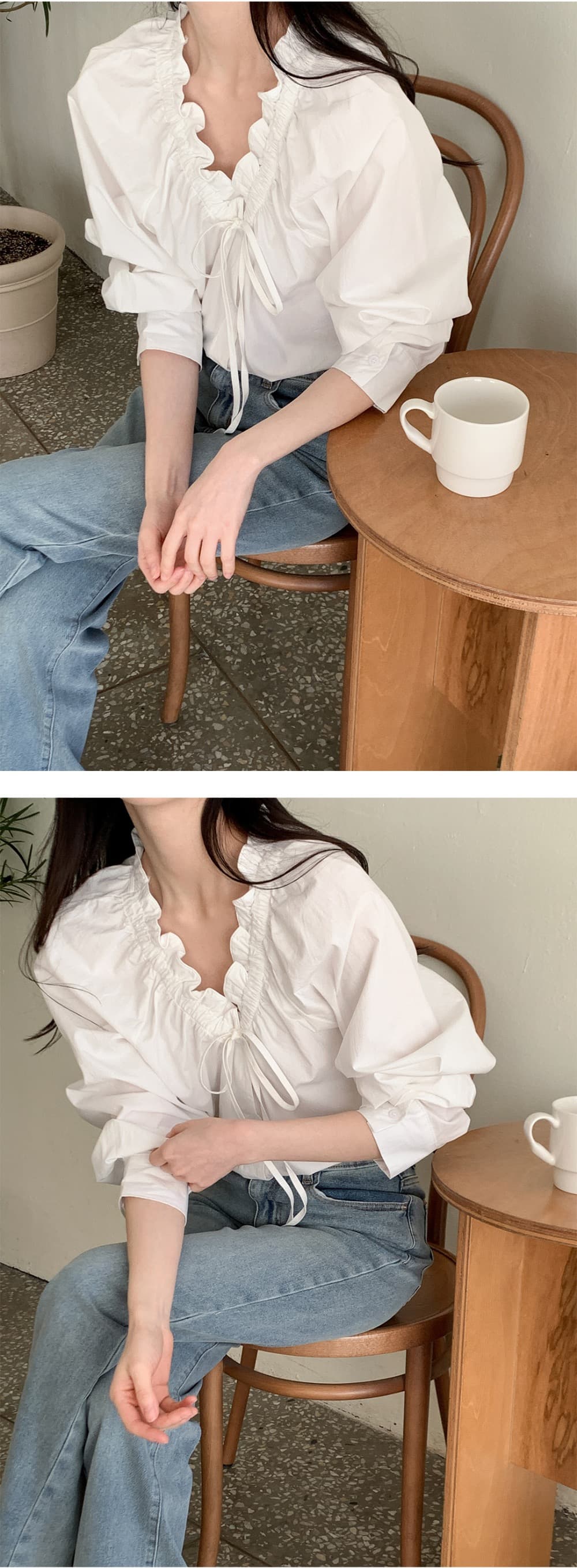재고 있음 chic 이른 가을 한 부서 부드러운 프랑스식 품격 프릴 V넥 주름 장식 레이스업 긴팔 Chic 셔츠 상세 이미지 14