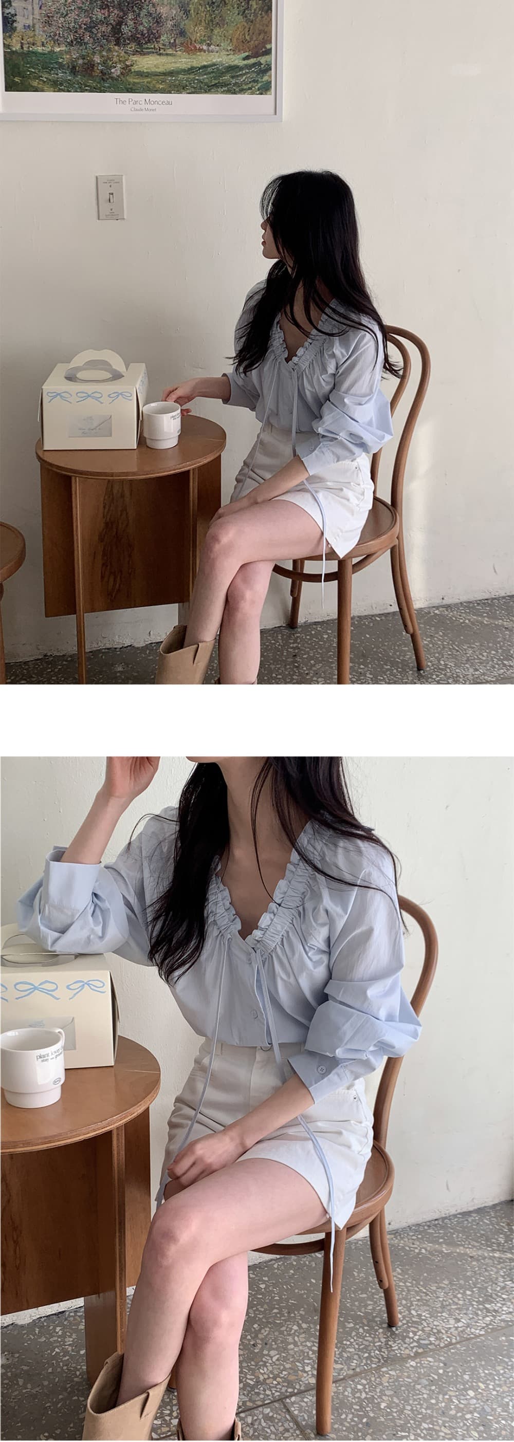 재고 있음 chic 이른 가을 한 부서 부드러운 프랑스식 품격 프릴 V넥 주름 장식 레이스업 긴팔 Chic 셔츠 상세 이미지 15