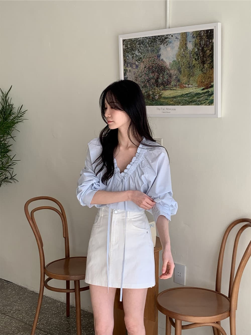 재고 있음 chic 이른 가을 한 부서 부드러운 프랑스식 품격 프릴 V넥 주름 장식 레이스업 긴팔 Chic 셔츠 상세 이미지 16