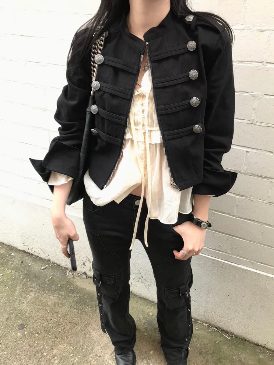 한국 chic 가을 작은 대중 레트로 Chic 단추 장식 루즈핏 다용도 긴팔 워크웨어 재킷 짧은 외투 이미지 2